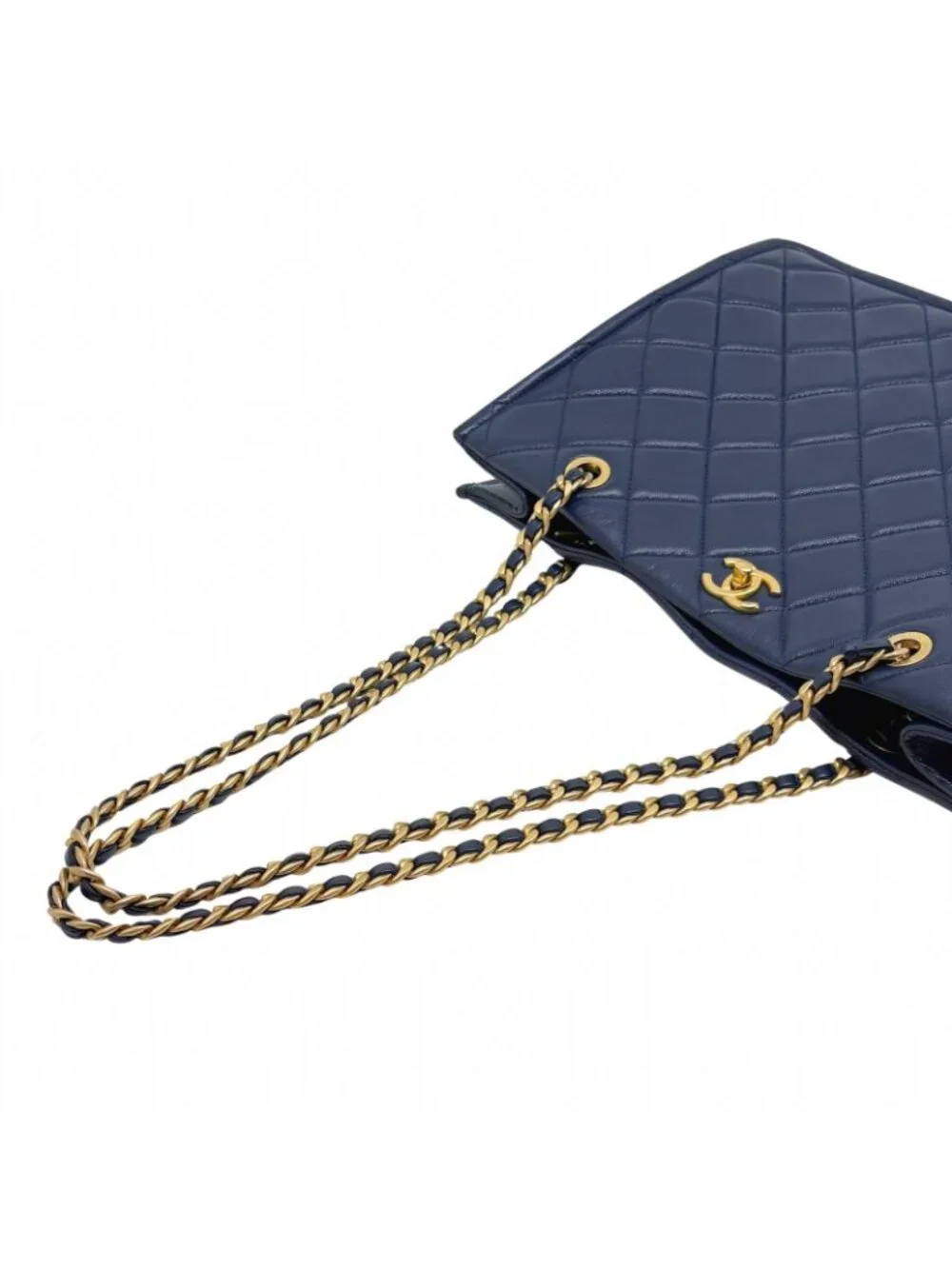 Chanel Quilted Chain Tote Navy Gold Shoulder Bag Caviar Leather